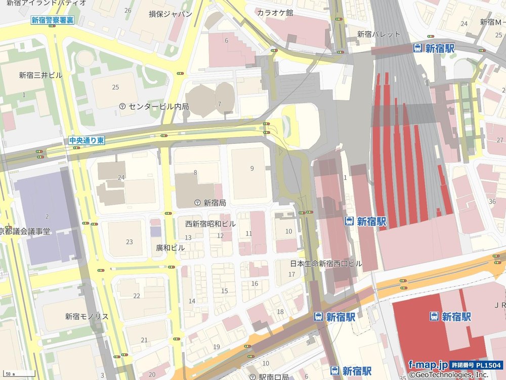 新宿駅周辺のベクター地図(SVG)。道路・建物・駅名の文字が入った状態